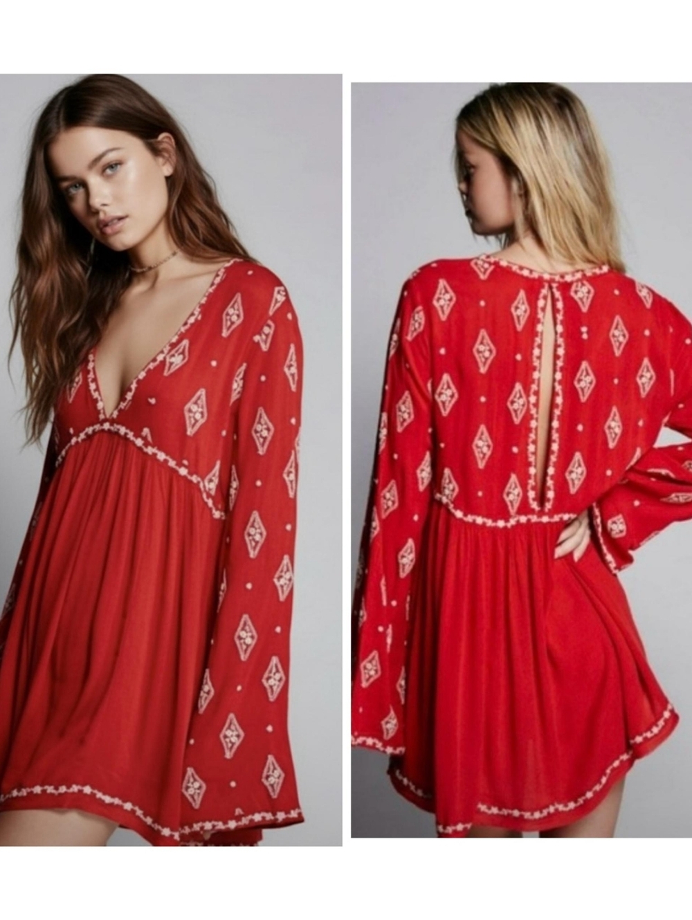 Free People Red Diamond Floral Cream Embroidered Boho Top Tunic Sz Large WT136 - Picture 2 of 9